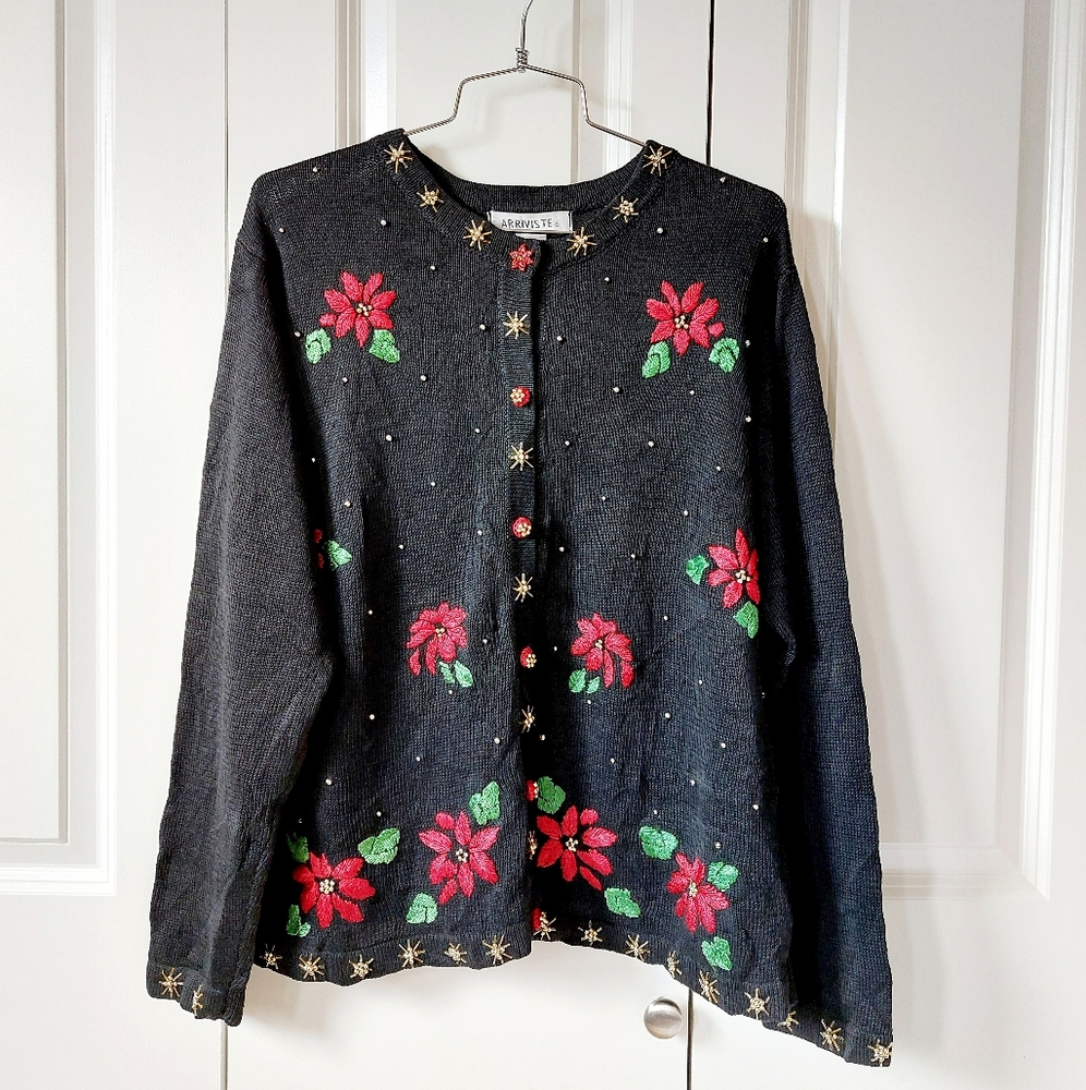 Beaded Poinsettia & Snowflake Christmas Black Cardigan Sweater Medium‎ Arriveste